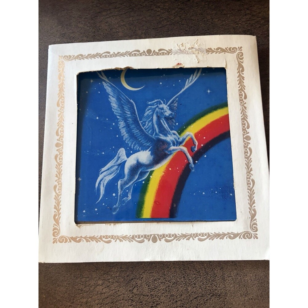 Vintage Carnival Prize Glass Mirror Unicorn Rainbow  8" Square Fair 80’s Anitoch